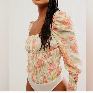 New Free People Intimately Smock It To You Bodysuit Floral Long Sleeve
